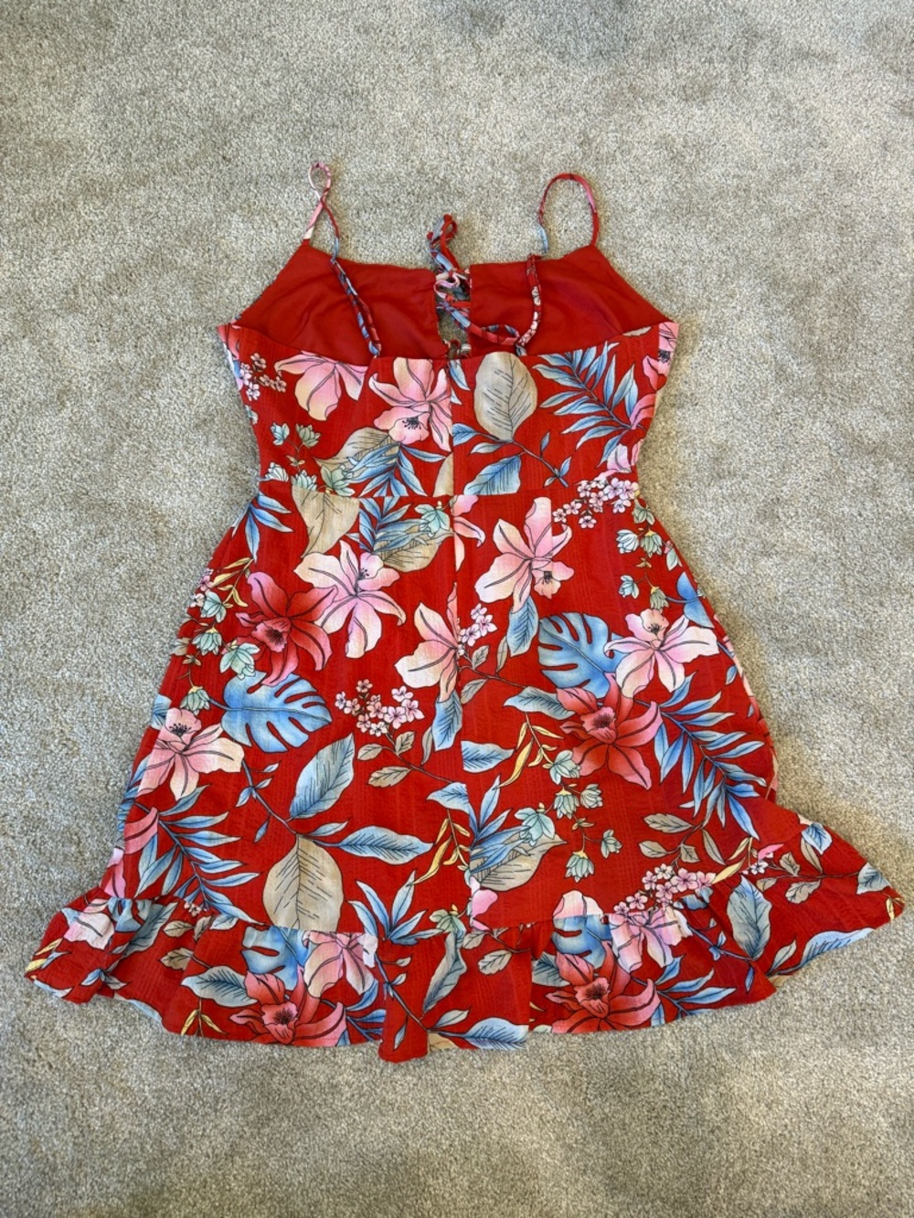 Forever 21 Tropical Floral Cutout Dress Size L Lace Up Front Ruffle Hem - Picture 3 of 6